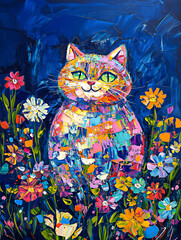 Abstract drawing of a funny cat surrounded by flowers on a dark blue background. Color illustration, portrait of a cat. Oil painting, vertical cover
