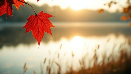 A lone red maple leaf hangs over a still lake, bathed in the warm glow of the setting sun.