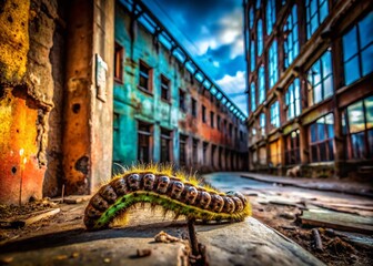 Urban Exploration Photography: Grungy Caterpillar Background, Industrial Decay, Abandoned Building, Dark Aesthetics, Post-Apocalyptic Cityscape