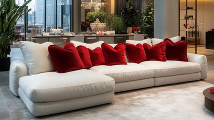 Modern Sectional Sofa with Red Velvet Pillows in Luxurious Setting