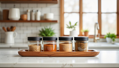 Spices arranged elegantly on a kitchen countertop in a cozy, sunlit space, enhancing the culinary atmosphere with warm textures and colors