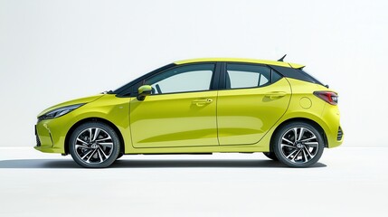 Naklejka premium Bright yellow compact city hatchback illuminated in urban environment dynamic viewpoint automotive