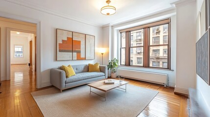 Obraz premium Bright living room with hardwood floors, large windows, and modern furniture.