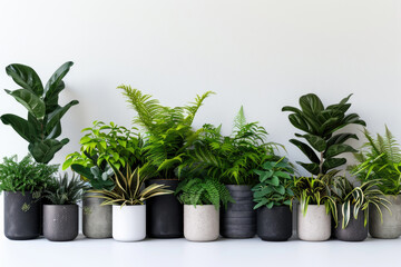 Fototapeta premium Diverse Collection of Indoor Houseplants in Modern Pots Against a Minimalist White Background