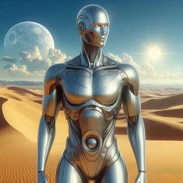 Futuristic humanoid robot stands tall in a vast desert landscape under a bright sun and distant celestial bodies