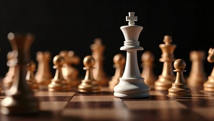 Chess King in the Spotlight: A solitary white chess king stands tall and proud, bathed in a dramatic spotlight, amidst a sea of golden pawns. The image captures the essence of leadership, strategy.