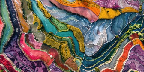 Aerial view of vibrant colorful rice terraces and river. Breathtaking landscape photography, nature's abstract art. Explore this scenic destination and discover its beauty.