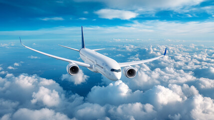 Obraz premium Airplane soaring above clouds under bright blue sky, showcasing travel and technology.