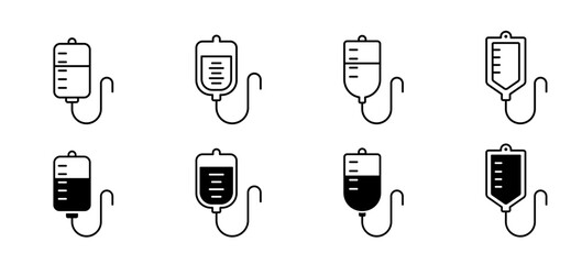 Blood bag icons. Blood donation symbols. Blood transfusion icons set. Vector icons