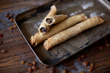 Golden-brown rolled pancakes with a rich poppy seed and raisin filling displayed on a vintage metal tray. The wooden surface is dusted with poppy seeds and raisins for a rustic, appetizing presentatio