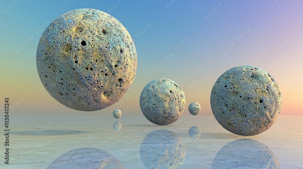 Poster Surreal floating orbs with reflections dreamlike landscape digital art serene environment aerial view abstract concepts