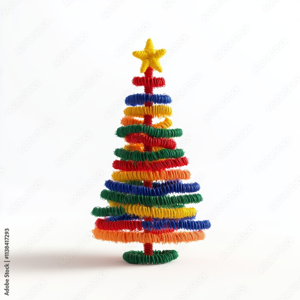 Poster a 3d minimal icon of a christmas tree crafted from colorful pipe cleaners, standing isolated on a wh