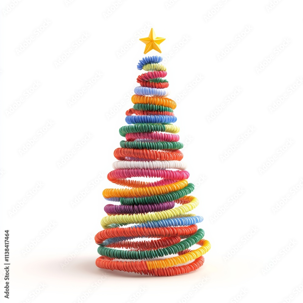 Poster a 3d minimal icon of a christmas tree crafted from colorful pipe cleaners, standing isolated on a wh