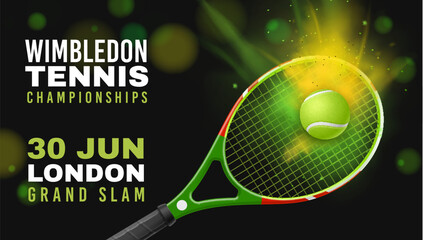 Tennis poster. Championship invitation horizontal banner. Realistic 3d racket and ball. Professional sport tournament. Abstract background. Announcement of flyer template. Vector concept