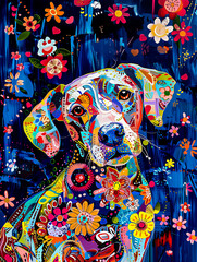 Fototapeta premium Drawing of a dog surrounded by flowers on a dark blue background. Color illustration, portrait of a hunting dog. Oil painting, cover