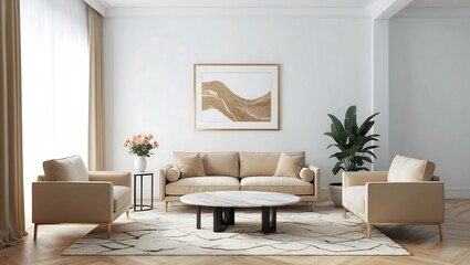 Brown sofa and marble coffee table in living room with photo frame on the wall. Bright living room interior.