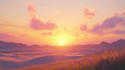 A scenic sunrise over rolling sand dunes, with the soft, warm colors of dawn lighting up the landscape