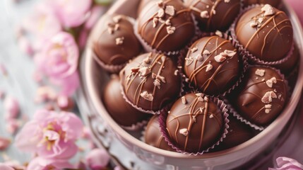 Obraz premium Box of luxury chocolates with decorative designs and pink flowers