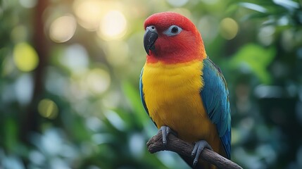 A vibrant parrot perched on a branch amidst a lush, green background.