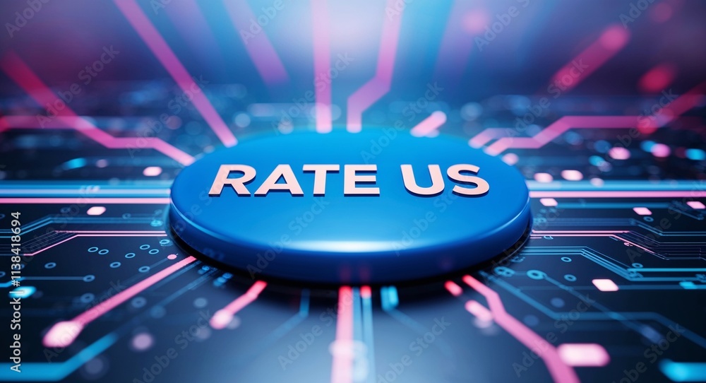 Poster rate us word lettering on a button in digital tech blur background