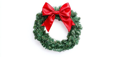 A festive Christmas wreath icon made from green pipe cleaners, adorned with a red bow, isolated on a white canvas