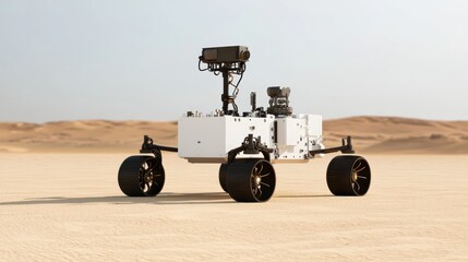 Exploration mission mars conceptual rover desert landscape ground level advanced instruments for scientific research