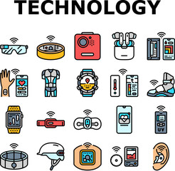 wearable technologies tracker icons set vector. wearables smartwatch, fitness tracker, health, monitor sensors, connectivity wearable technologies tracker color line illustrations