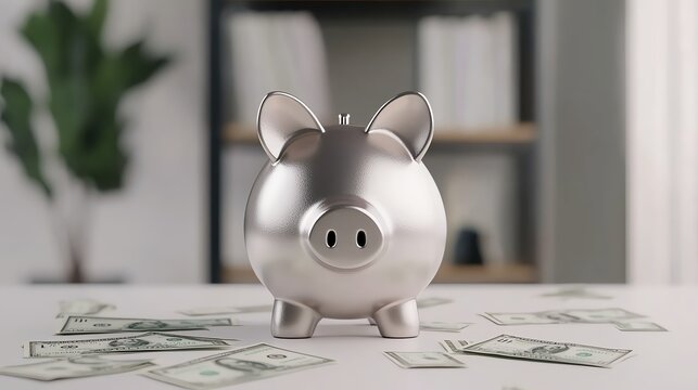 A silver piggy bank surrounded by scattered dollar bills, symbolizing savings and financial planning in a modern interior setting.