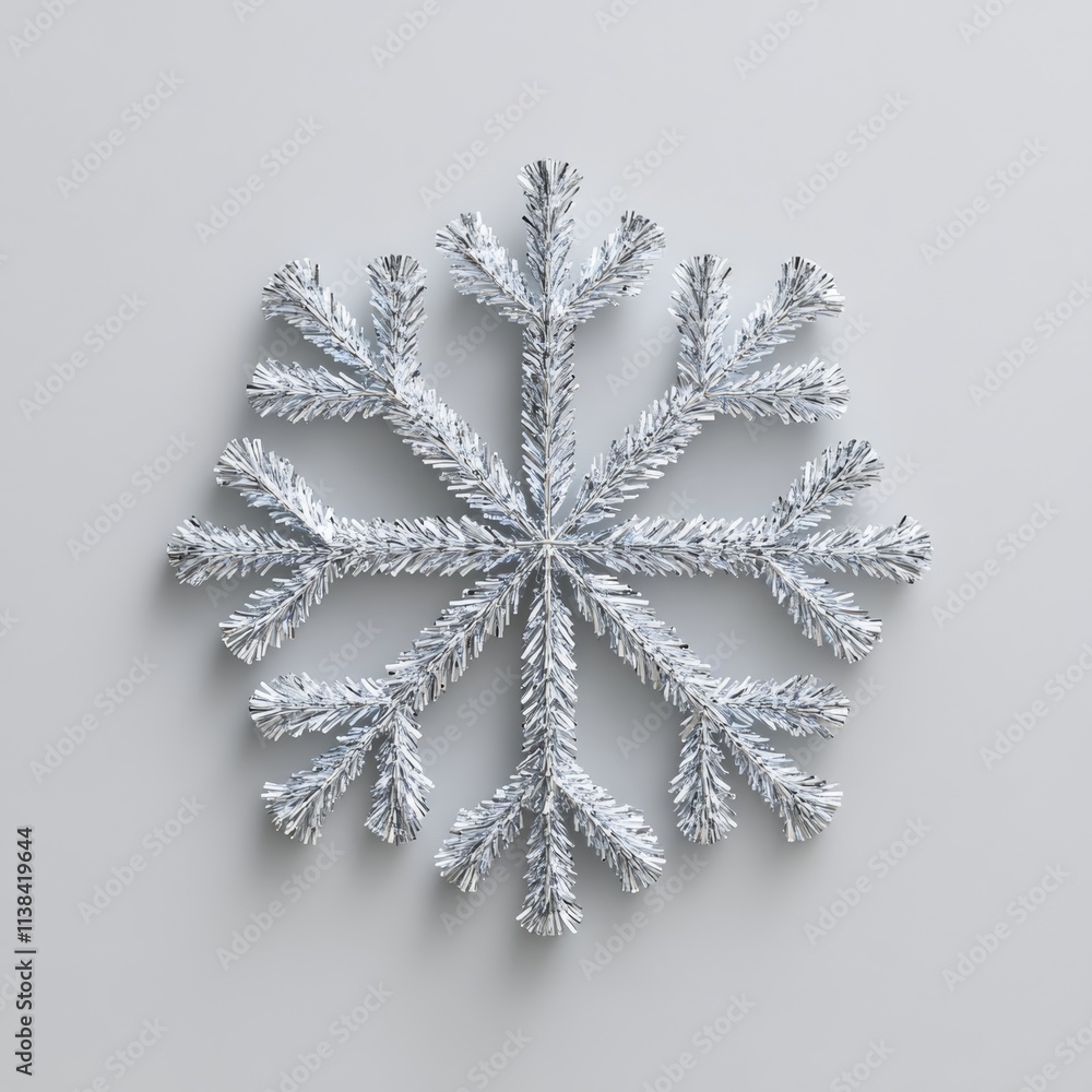 Poster a festive pipe cleaner snowflake icon in sparkling silver, designed in 3d, floating on a blank white