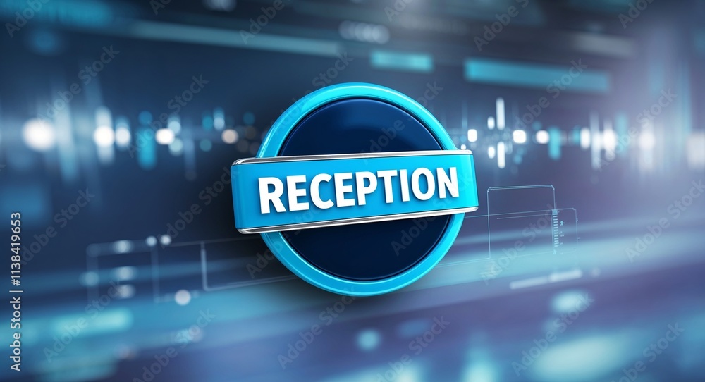 Poster reception word lettering on a button in digital tech blur background