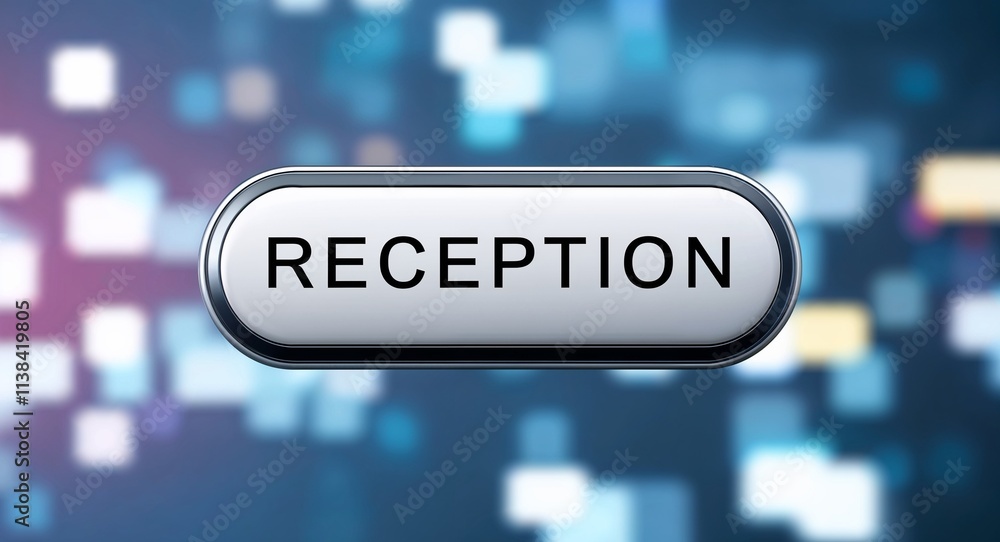 Poster reception word lettering on a button in digital tech blur background