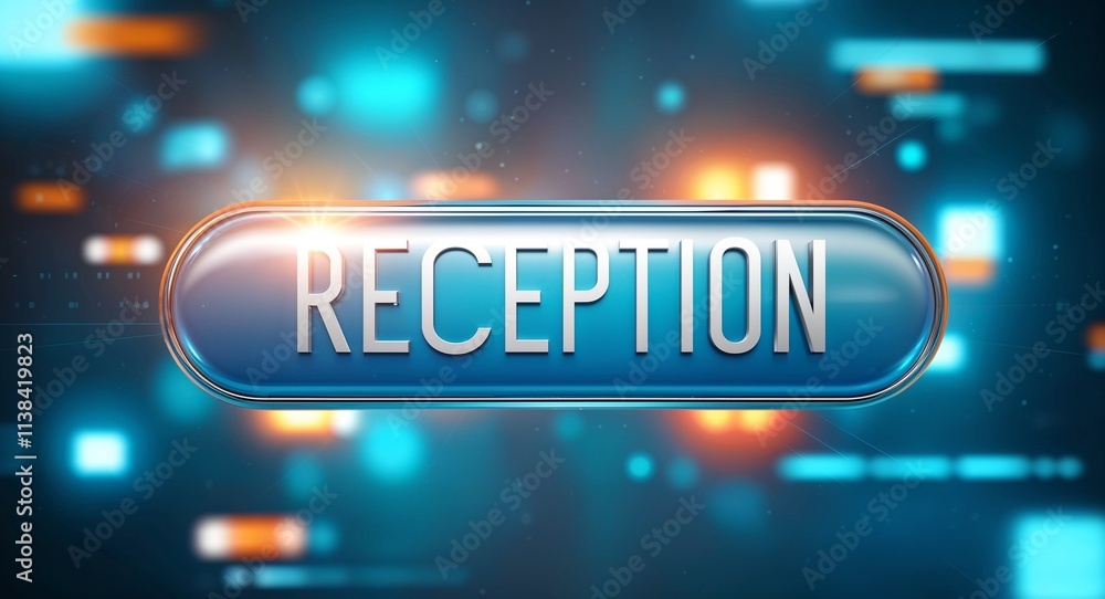 Poster reception word lettering on a button in digital tech blur background