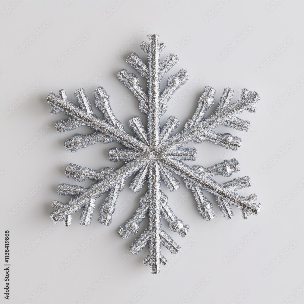 Poster a festive pipe cleaner snowflake icon in sparkling silver, designed in 3d, floating on a blank white