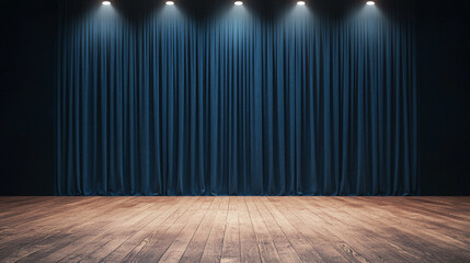 Empty theater stage with blue curtains and spotlight, hardwood floor ready for performance.