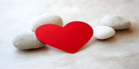 Obraz premium A red heart shape surrounded by smooth pebbles on a light surface, symbolizing love and care.