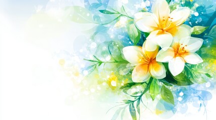 Watercolor Floral Background  White Flowers  Green Leaves  Blue Abstract