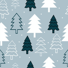 Print Winter holidays background with winter tree and snowflakes. Winter card design. seamless White snow falling on sky blue  pattern. repeating texture for  greeting card or banner. Vector eps10 
