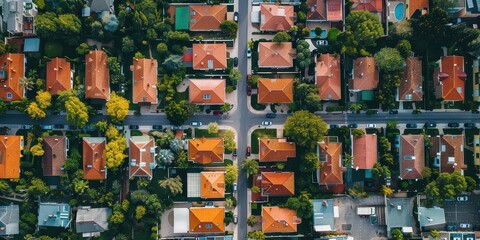 Aerial View of a Residential Neighborhood: Houses, rooftops and streets from above. Bird's eye perspective of urban development and community living.