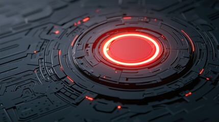 A futuristic, circular design with a glowing red center on a textured black background, evoking a high-tech or sci-fi atmosphere.
