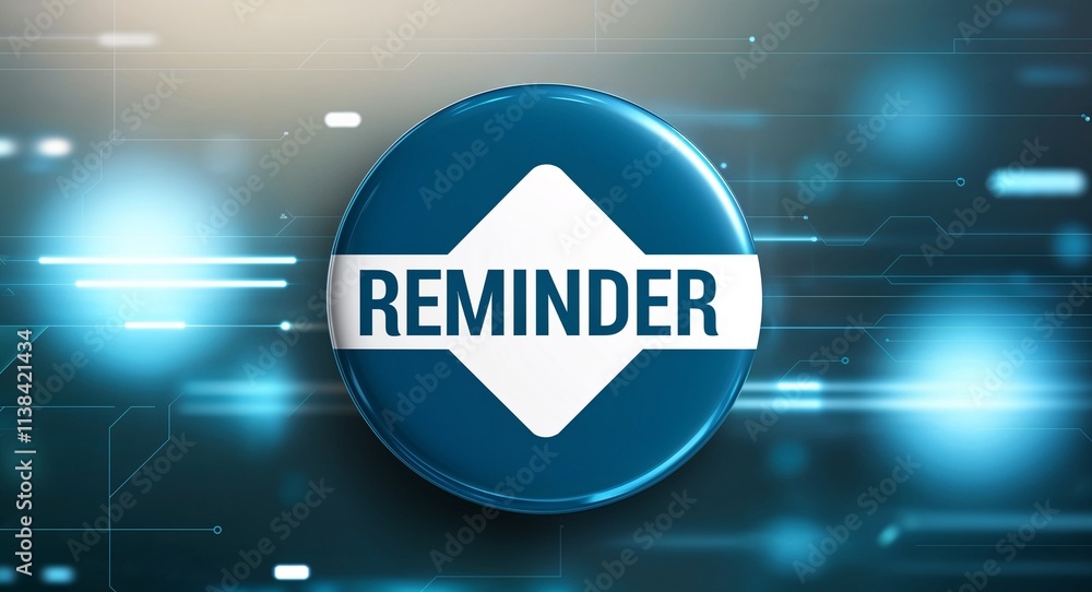 Poster reminder word lettering on a button in digital tech blur background