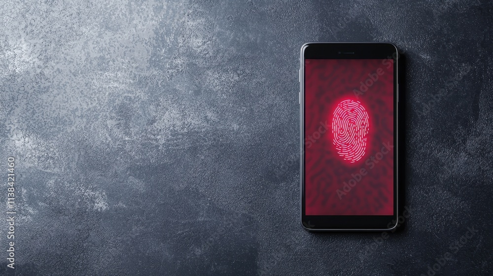 Poster a smartphone displaying a red fingerprint on its screen, symbolizing biometric security and personal