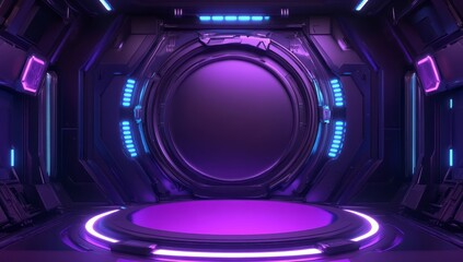 Futuristic Purple Neon Lit Chamber with Circular Platform