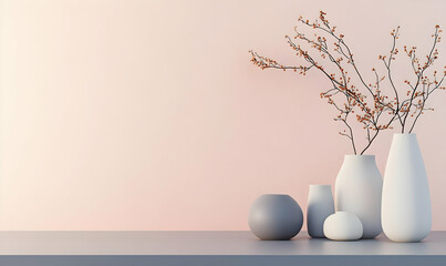 A minimalistic arrangement of vases with branches on a soft-colored background.