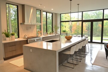 Modern kitchen design showcasing open space and natural light contemporary home interior photography serene environment wide angle minimalism