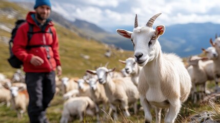 Obraz premium Herd of goats with a farmer in a mountainous landscape setting