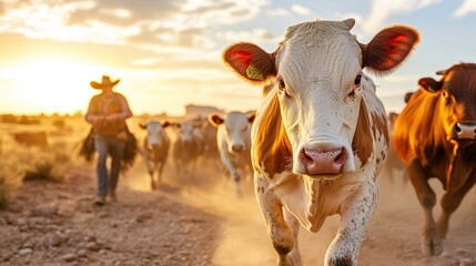 Herd of Cattle with Cowboy at Sunset on Dusty Ranch Landscape