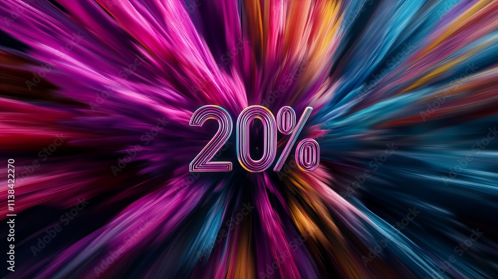 Poster vibrant abstract background featuring a bold '20%' in the center, showcasing a burst of colors and d