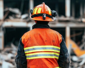 Obraz premium A firefighter using thermal imaging cameras in a collapsing building, representing strategy in highrisk scenarios