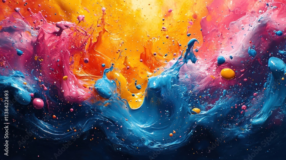 Poster a vibrant splash of colors resembling an abstract painting with dynamic fluid motion.