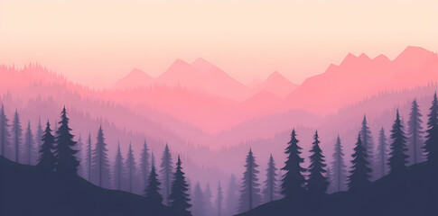 A serene mountain landscape at dusk with layered hues of pink and purple.